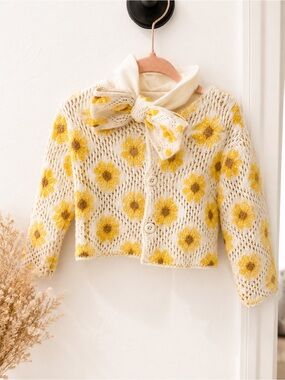 Girls Cream Floral Knit Cardigan with Bow Collar